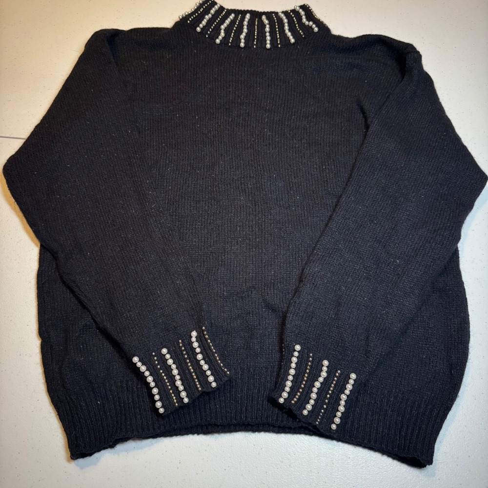 Allison Smith Vintage Silk Angora Pearl Beaded Mock‎ Neck Sweater Black P/M Vtg